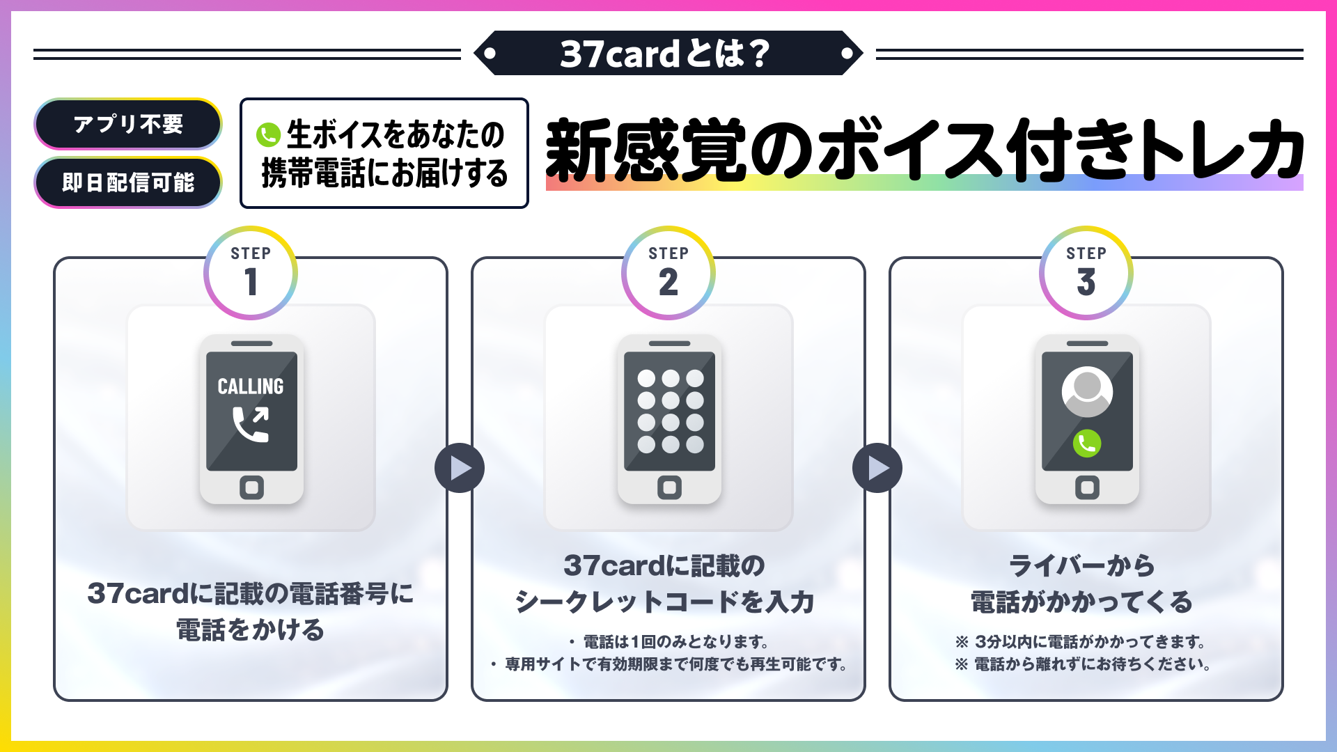 37cardとは？ - 生ボイスをあなたの携帯電話にお届けする新感覚のボイス付きトレカ / ・アプリ不要・即日配信可能 - STEP1: 37cardに記載の電話番号に電話をかける / STEP2: 37cardに記載のシークレットコードを入力 ・電話は1回のみとなります。・専用サイトで有効期限まで何度でも再生可能です。 / STEP3: ライバーから電話がかかってくる ※3分以内に電話がかかってきます。電話から離れずにお待ちください。